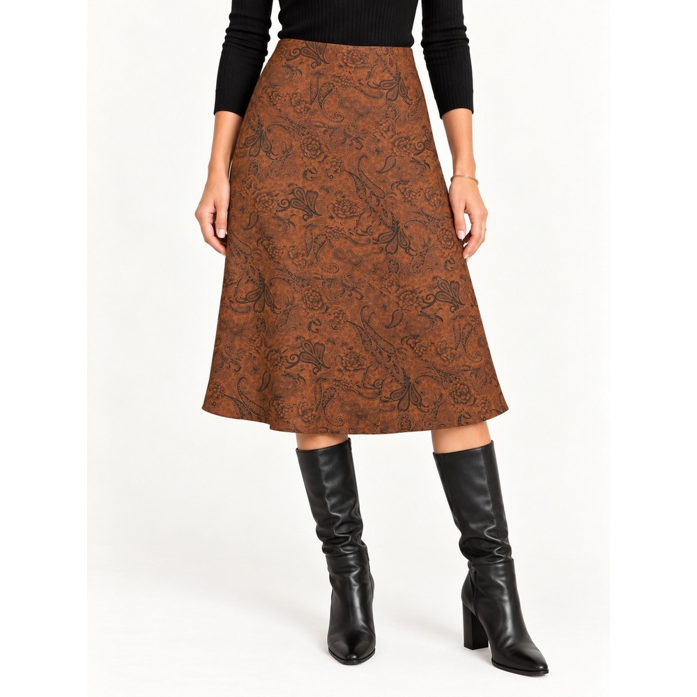 Christopher & Banks Brown Paisley Embossed Midi Skirt Faux Suede A-Line Size 12